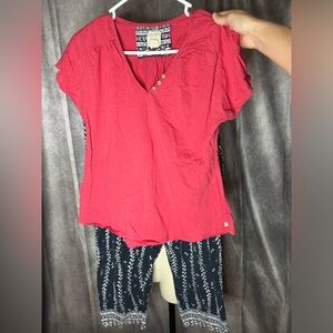 Lucky Brand Pajamas PJ Set Boho Coral Henley Cropped Pants Pocket